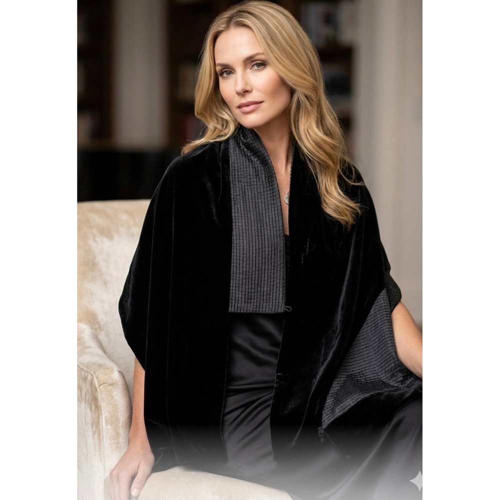 Black Velvet Evening Wrap Shawl with Pleated Contrast Lining 18x78